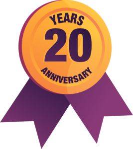 Nobel Relocation 20 Years Anniversary Badge with Purple Ribbon