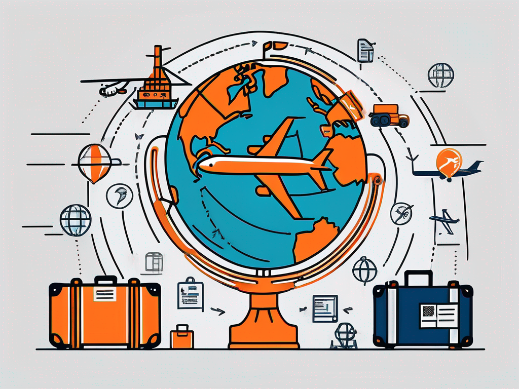 A globe surrounded by various icons representing different aspects of international moving