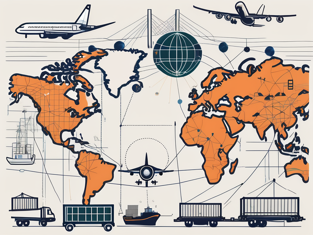 A globe with various landmarks and transportation symbols