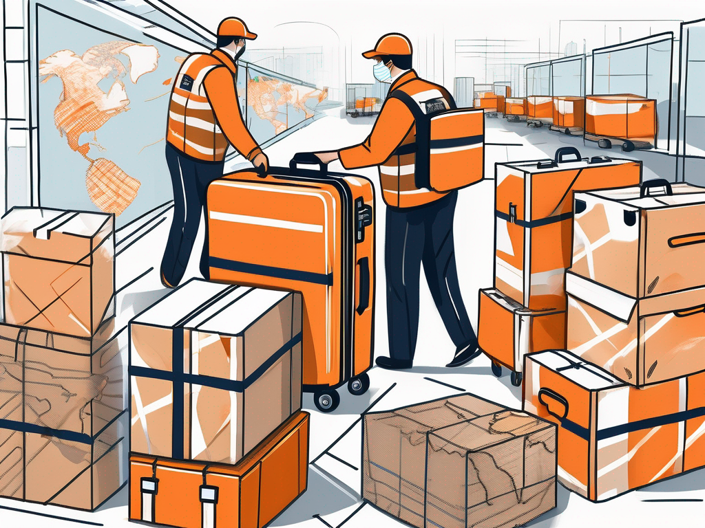 An intricately detailed customs checkpoint with various boxes and luggage being inspected
