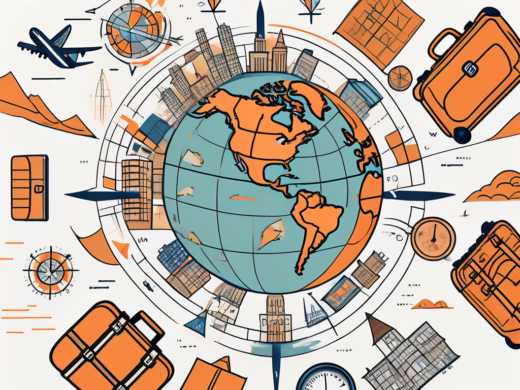 An intricate globe surrounded by various symbolic elements representing common challenges of international relocation