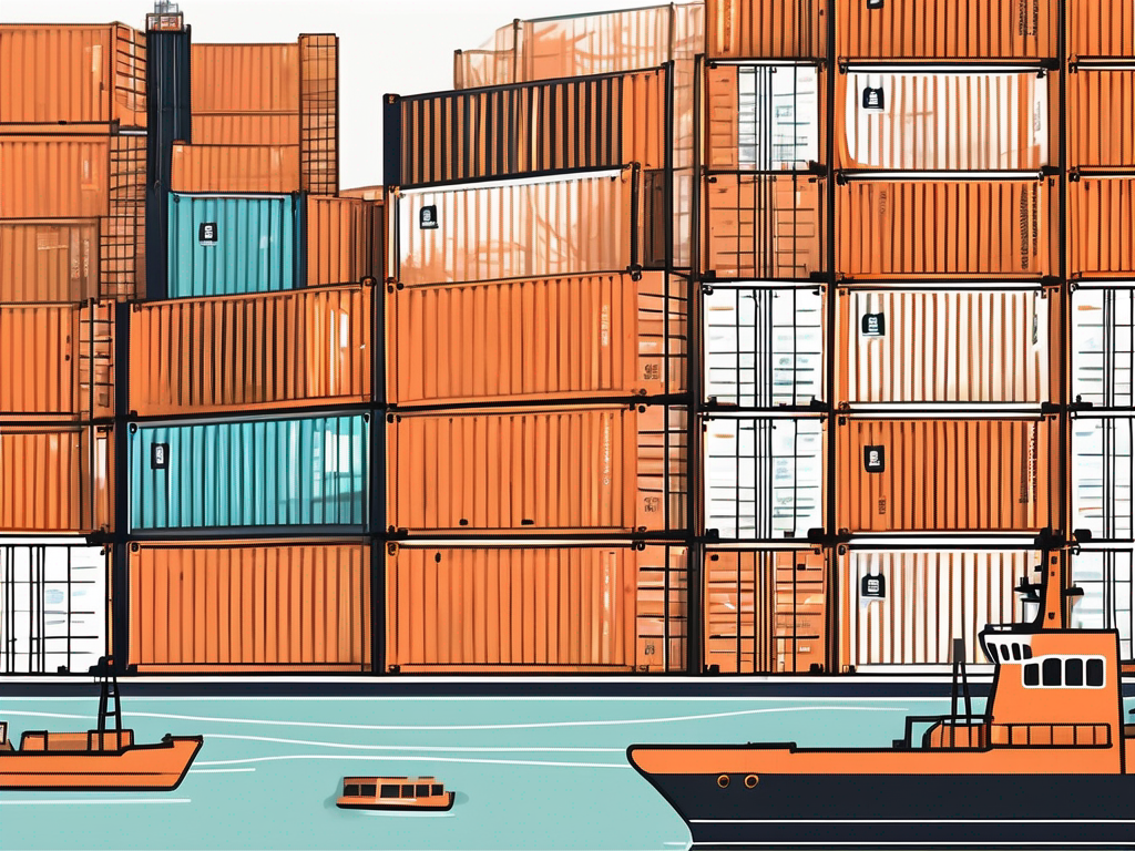 Draw an illustration of a variety of shipping containers stacked in a port setting