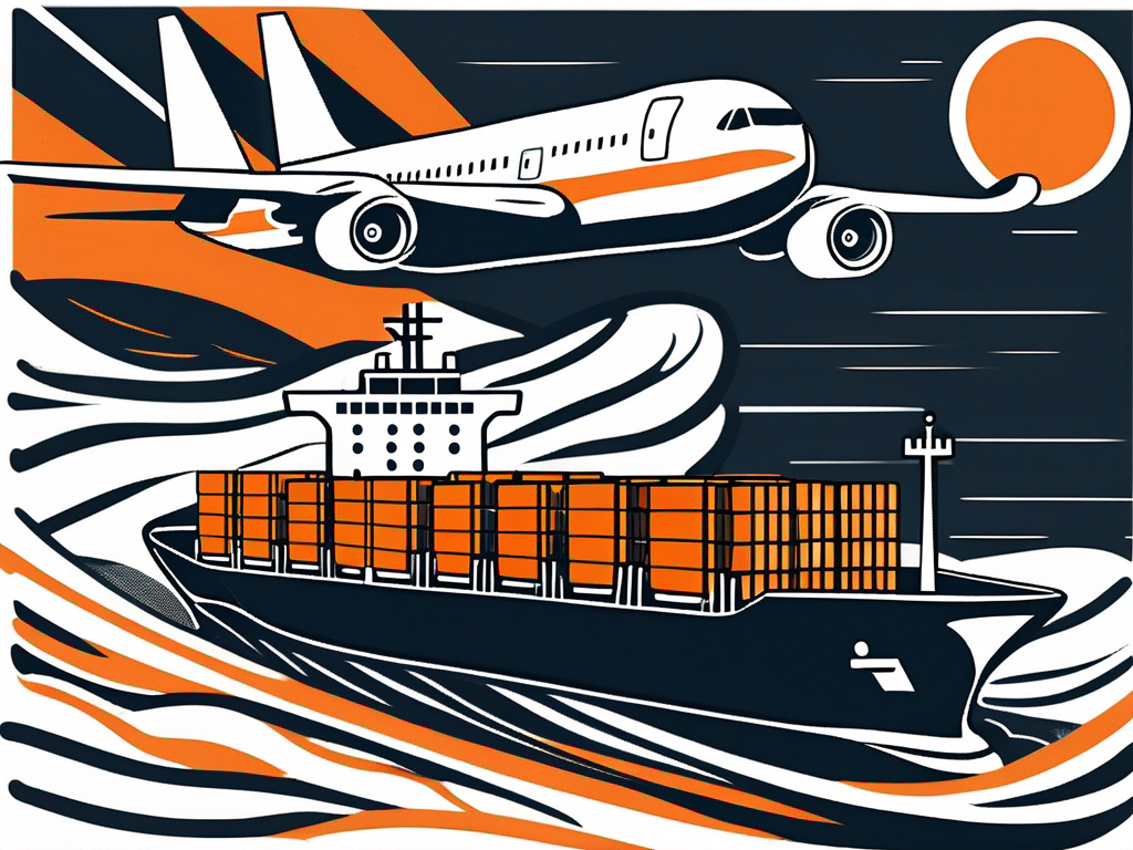 An air freight cargo plane soaring above a large cargo ship navigating through ocean waves