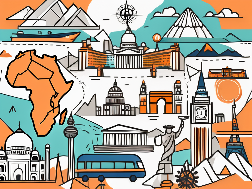 Draw an illustration of a vibrant landscape featuring iconic landmarks and cultural symbols from various countries