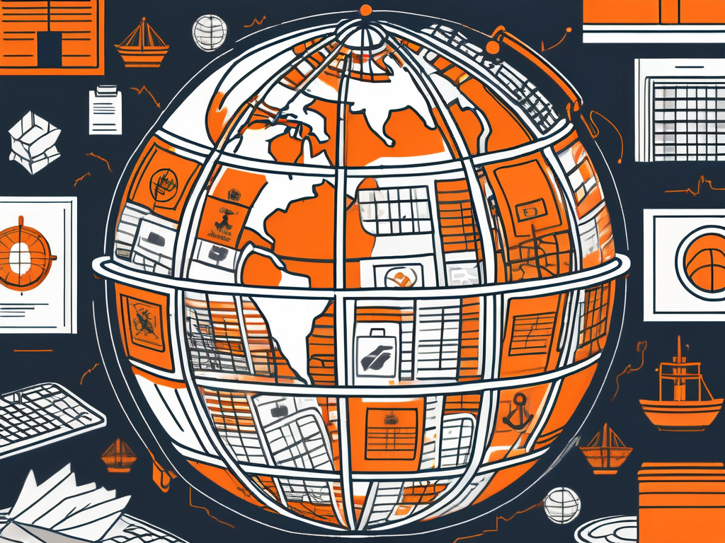 An intricately designed globe surrounded by various customs duty symbols