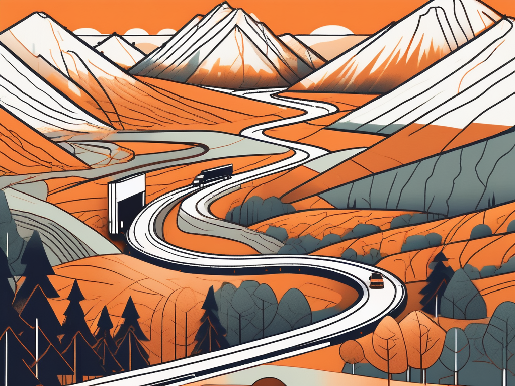 An expansive landscape featuring a winding highway that stretches across diverse terrains