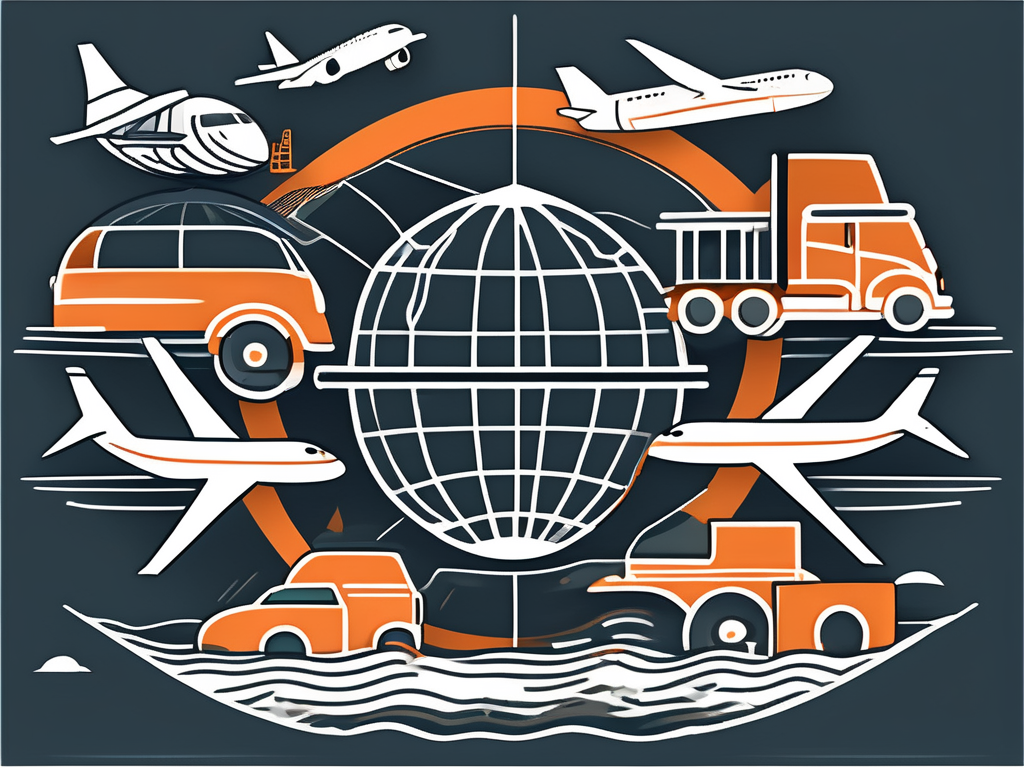 A stylized globe surrounded by various modes of transportation