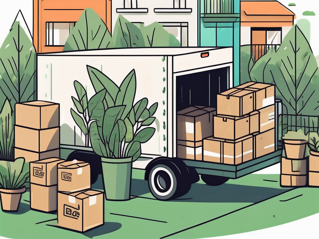 An eco-friendly moving truck surrounded by lush greenery