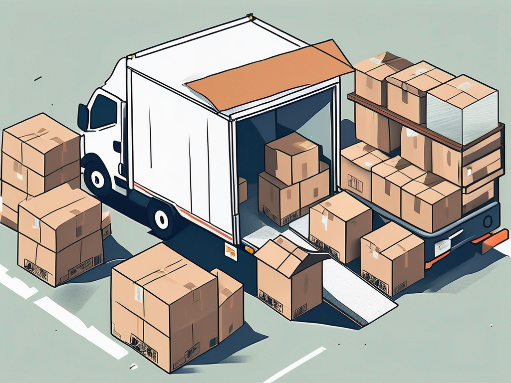 A split scene depicting one side with a professional moving truck and organized boxes being loaded