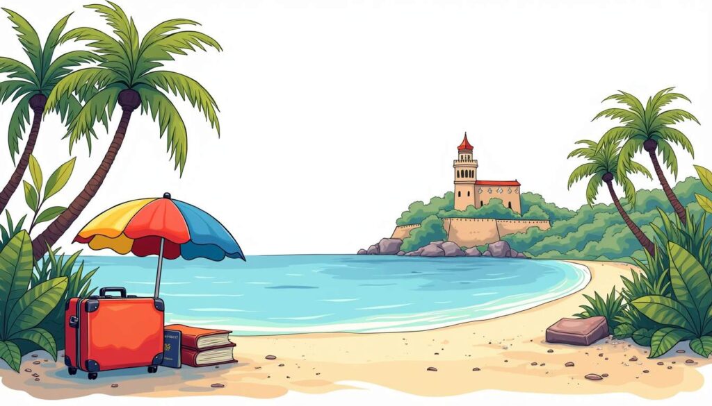 A vibrant tropical scene featuring iconic puerto rican elements such as palm trees