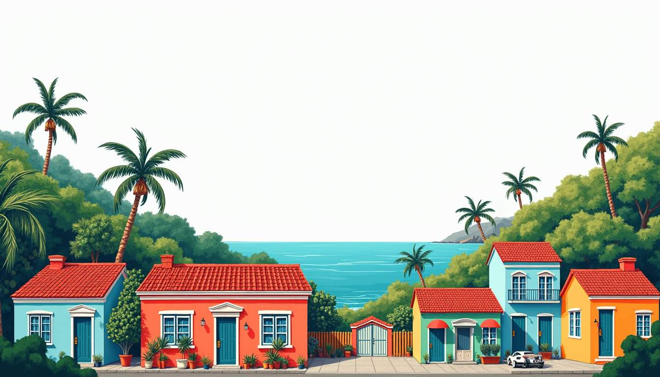 A vibrant puerto rican landscape featuring a mix of colorful houses