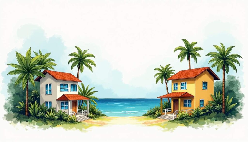 A split landscape showing one side depicting a cozy rented apartment with a view of the ocean and the other side showcasing a charming house for sale surrounded by lush tropical greenery