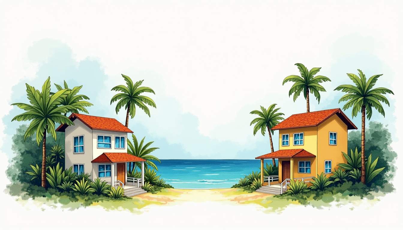 A split landscape showing one side depicting a cozy rented apartment with a view of the ocean and the other side showcasing a charming house for sale surrounded by lush tropical greenery