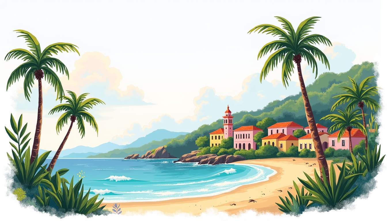 A vibrant puerto rican landscape featuring iconic elements such as palm trees