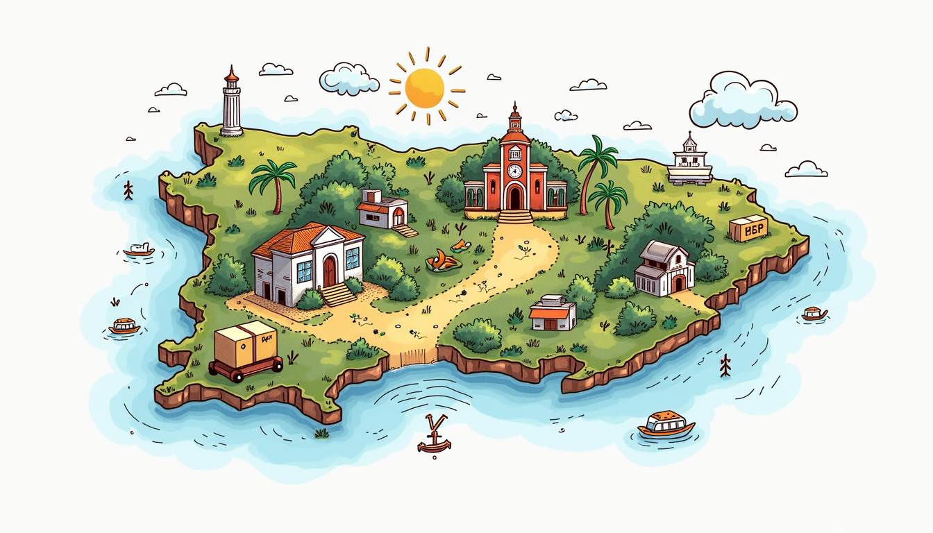 An abstract map of puerto rico featuring iconic elements such as lush tropical landscapes