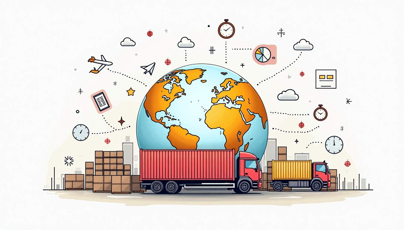 An international shipping container surrounded by various symbols representing customs