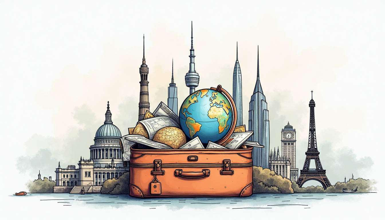 A detailed suitcase overflowing with various travel essentials