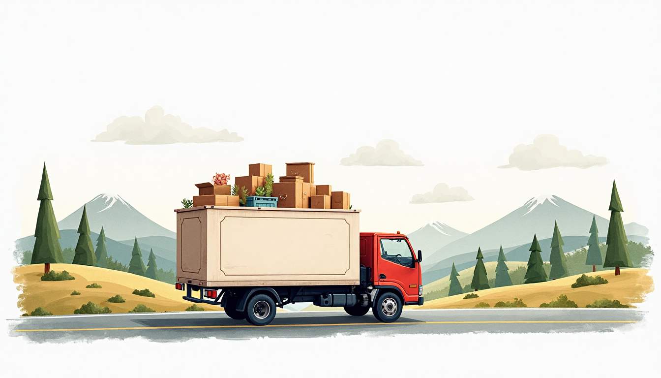 An abstract representation of a moving truck filled with various household items