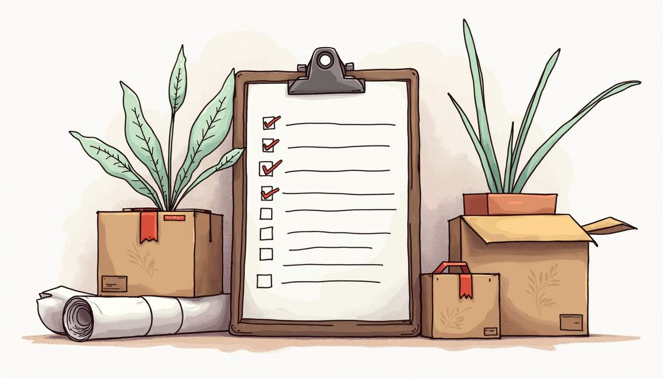 An organized checklist on a clipboard surrounded by packing boxes