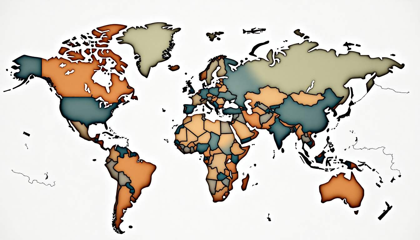 An intricate world map highlighting various countries with symbols representing the costs of moving
