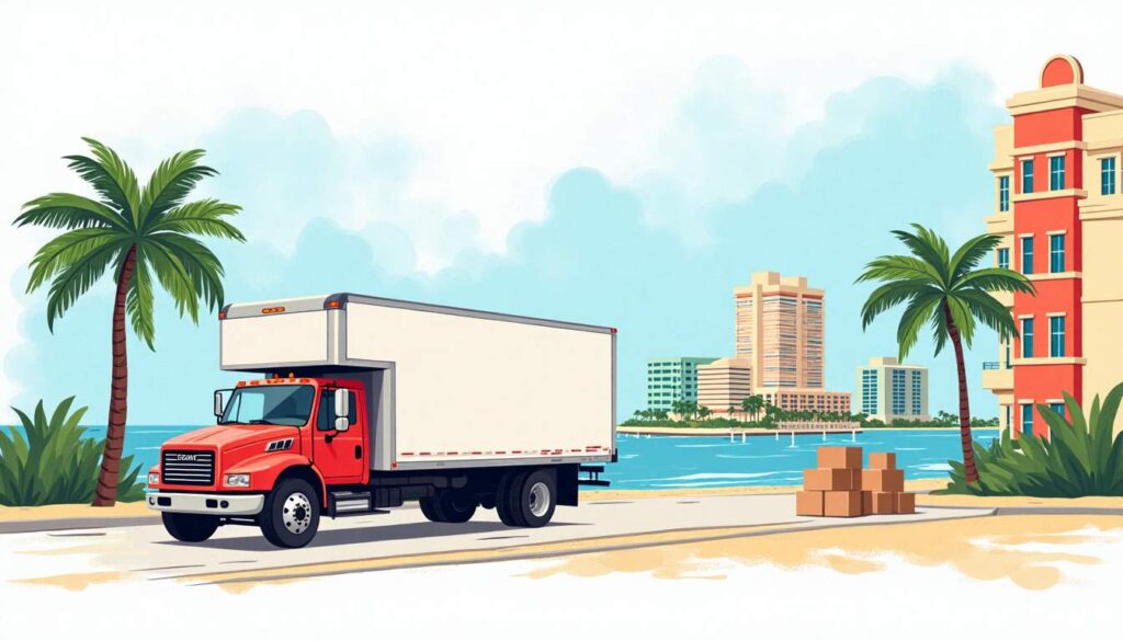 A vibrant miami beach landscape featuring a moving truck filled with boxes