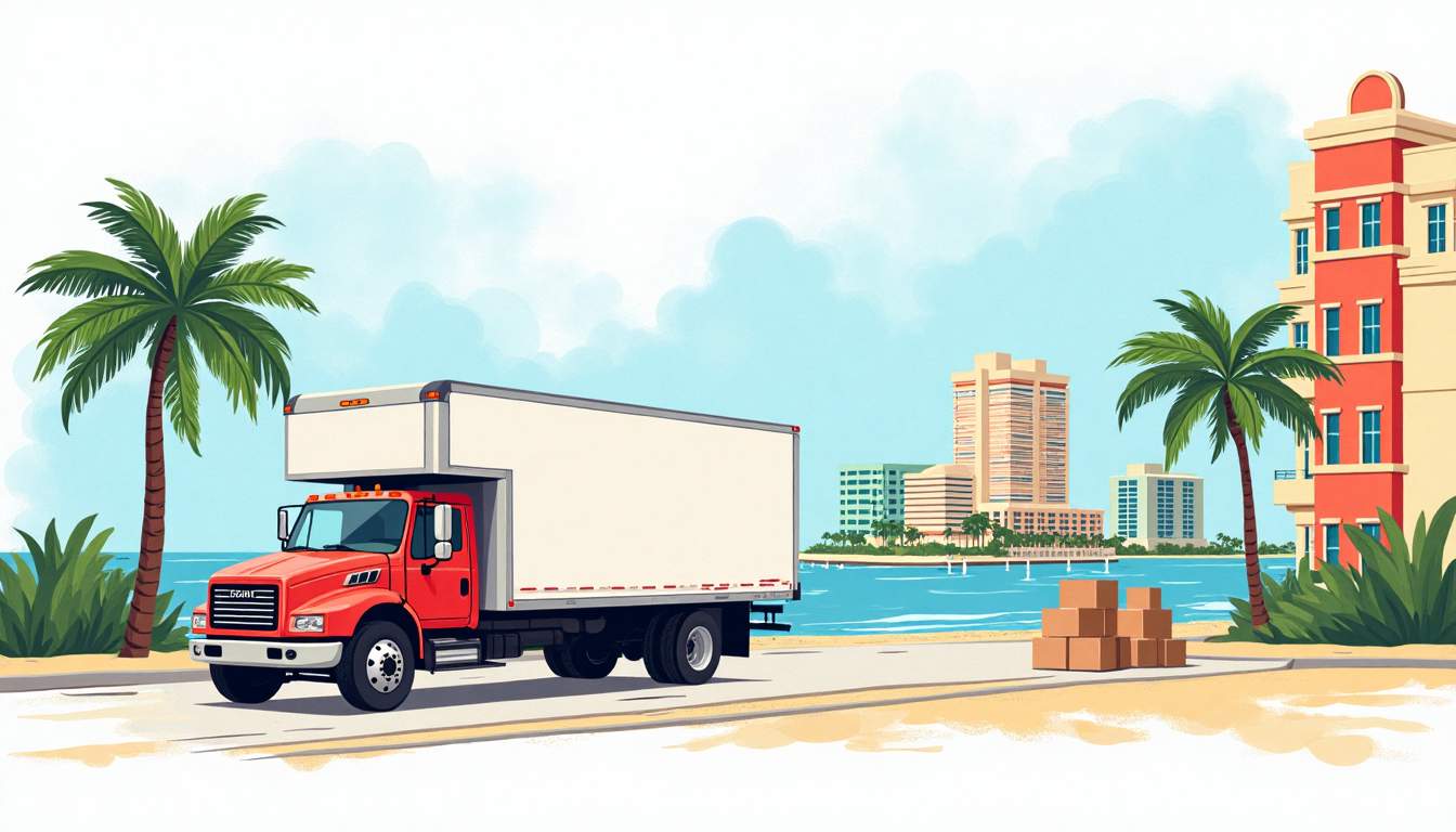 A vibrant miami beach landscape featuring a moving truck filled with boxes