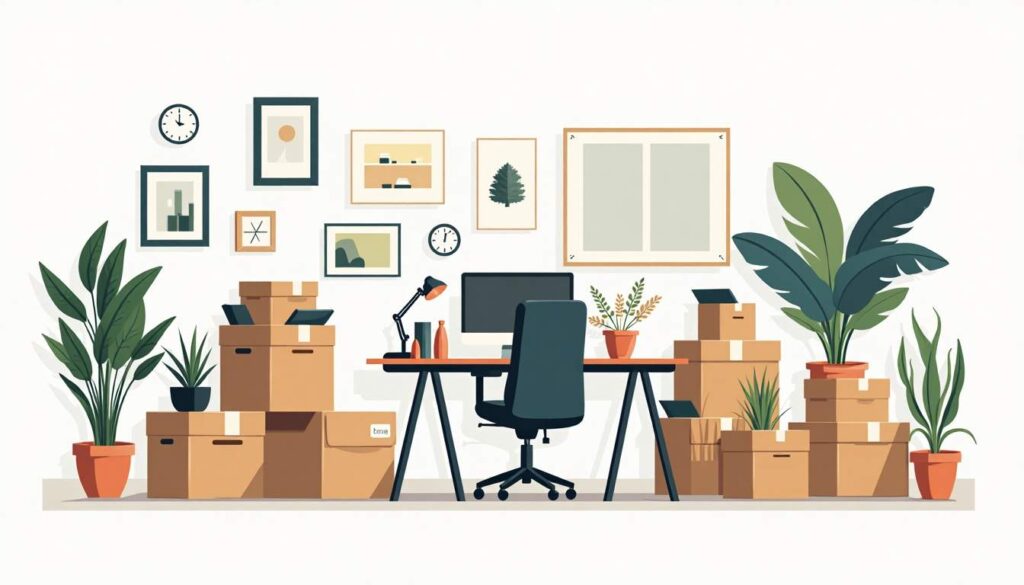 An organized office space being carefully packed into moving boxes