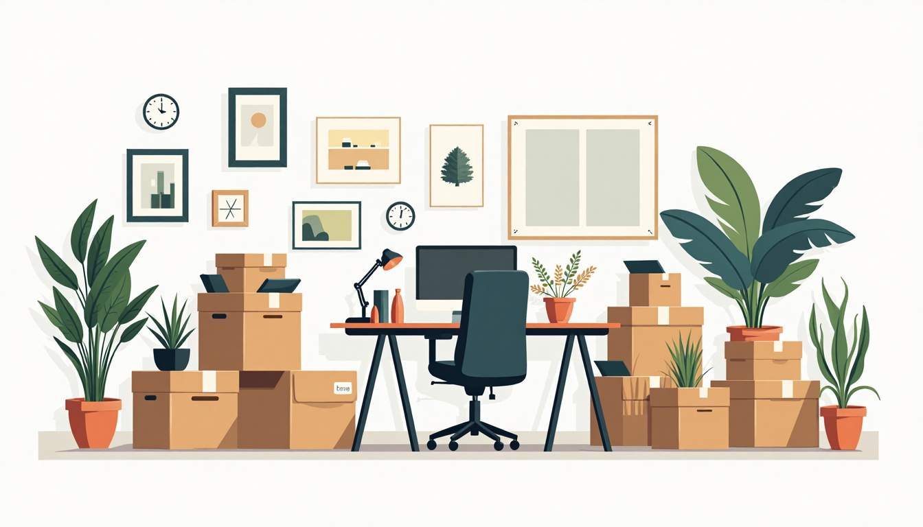 An organized office space being carefully packed into moving boxes
