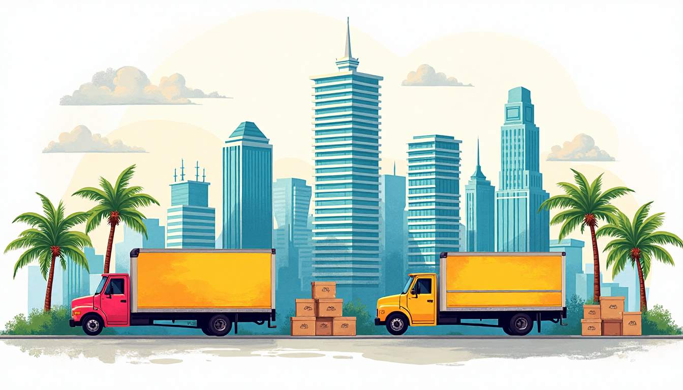 A bustling miami skyline with colorful moving trucks and boxes surrounded by palm trees