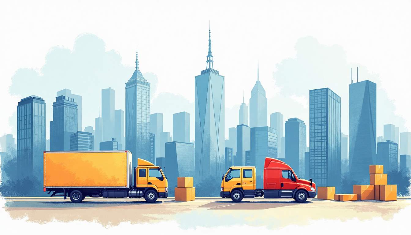 A bustling cityscape with moving trucks