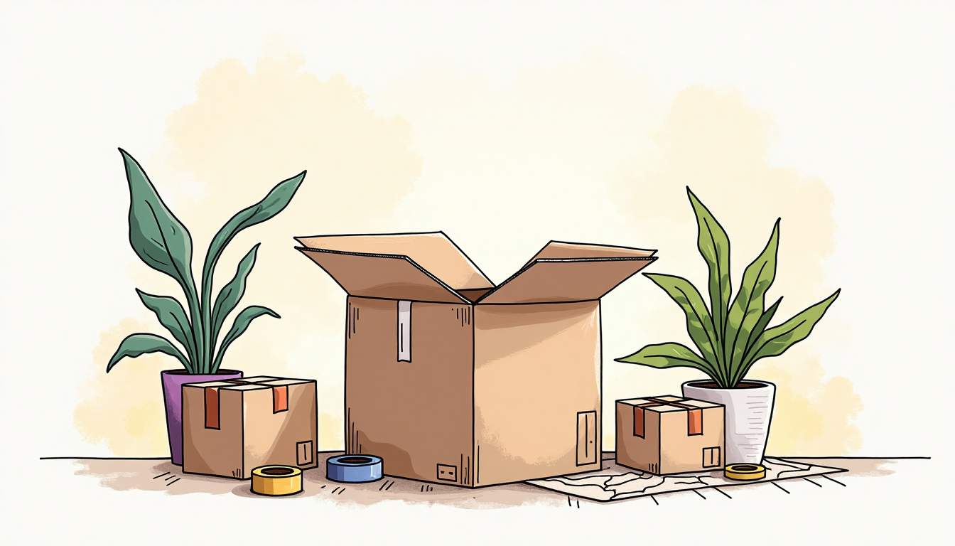 An open cardboard box surrounded by various moving items such as bubble wrap