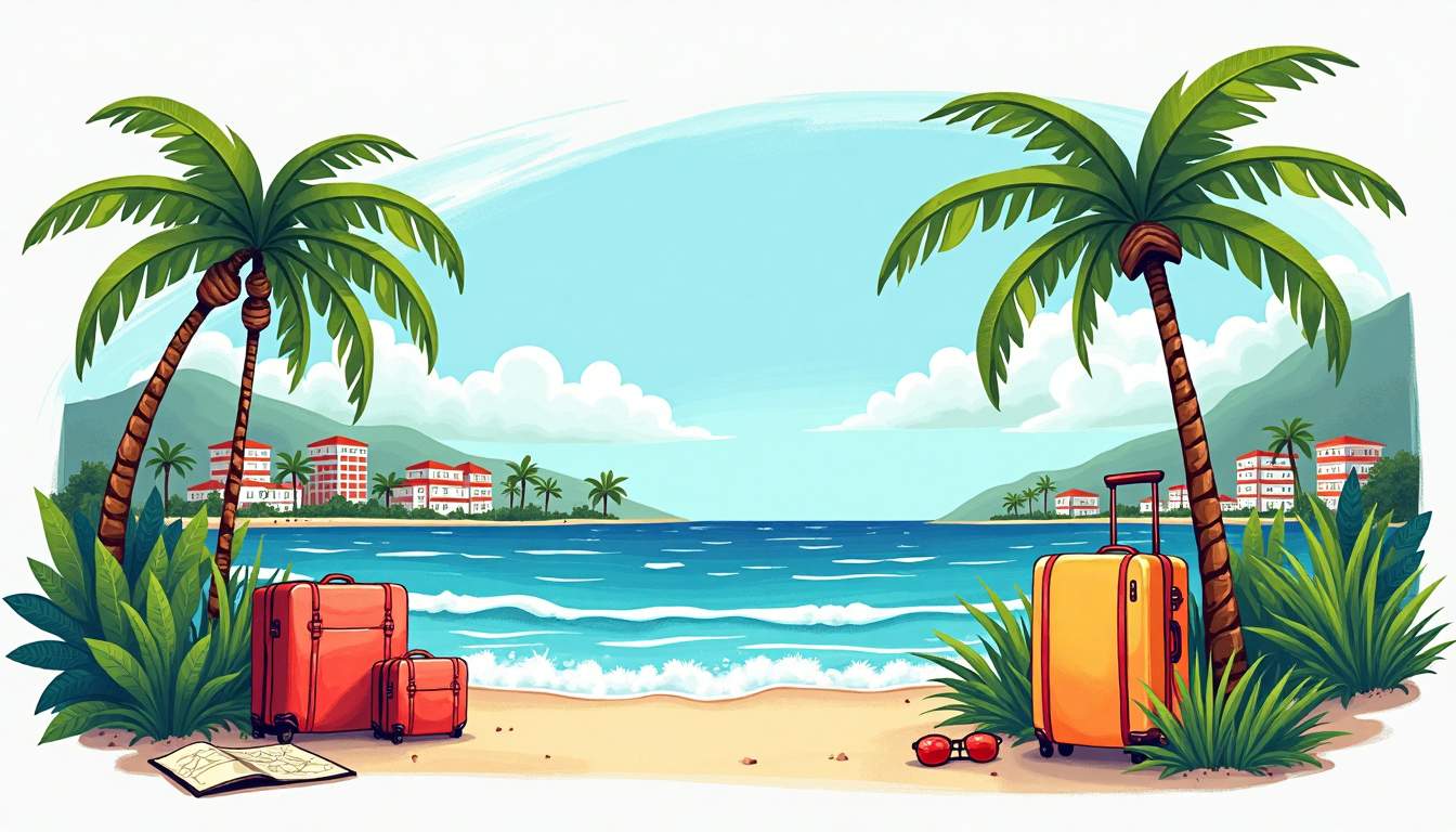 A vibrant tropical landscape featuring iconic puerto rican elements such as lush palm trees