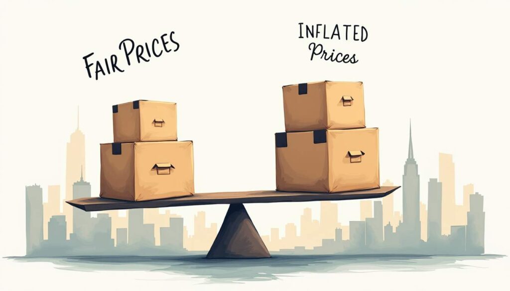 A balanced scale with moving boxes on one side labeled "fair prices" and oversized