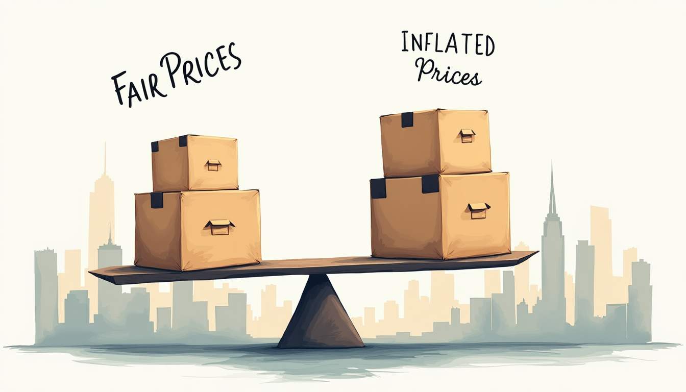 A balanced scale with moving boxes on one side labeled "fair prices" and oversized