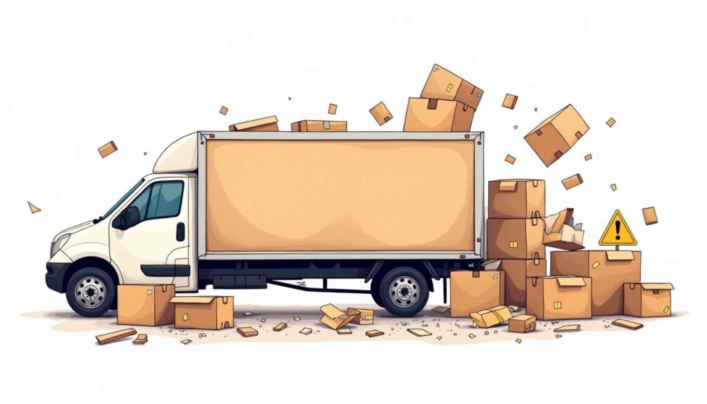 A chaotic moving truck surrounded by scattered boxes