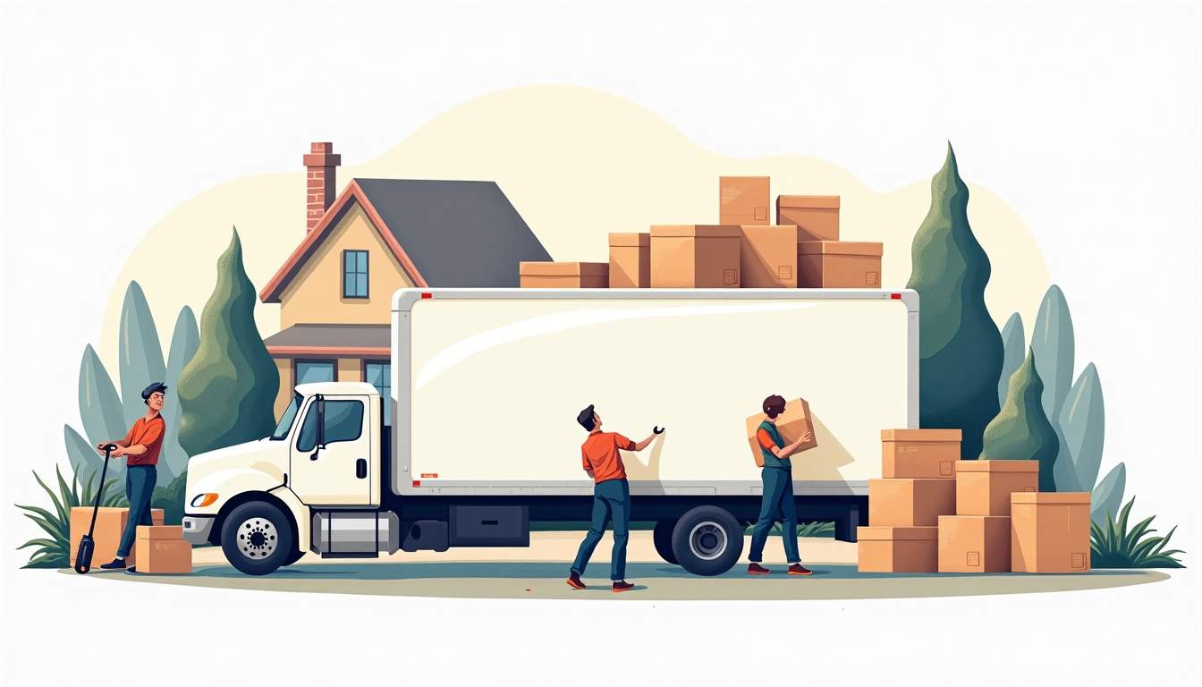 An organized moving truck surrounded by neatly packed boxes