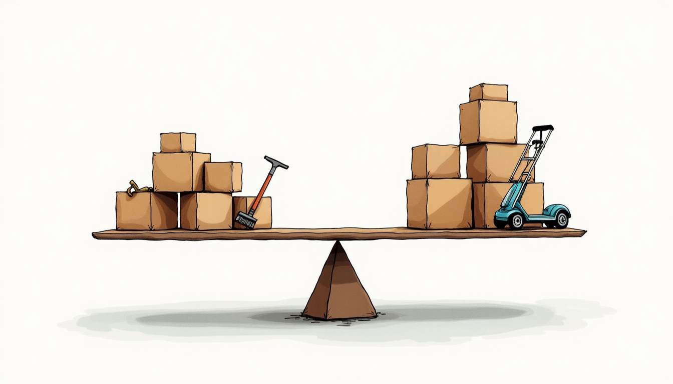 An abstract scale balancing two contrasting scenes: one side depicting disorganized boxes and basic tools representing cheap labor
