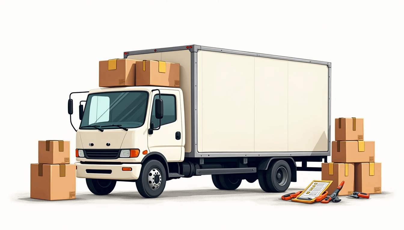 An organized moving truck surrounded by neatly packed boxes