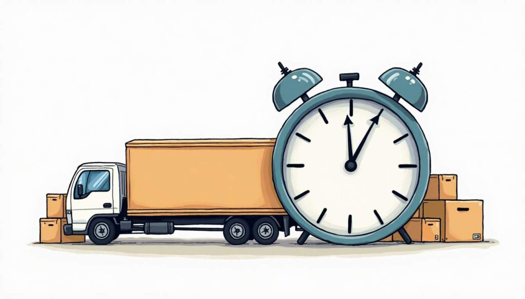 An organized moving truck surrounded by boxes and a large clock prominently displaying the time