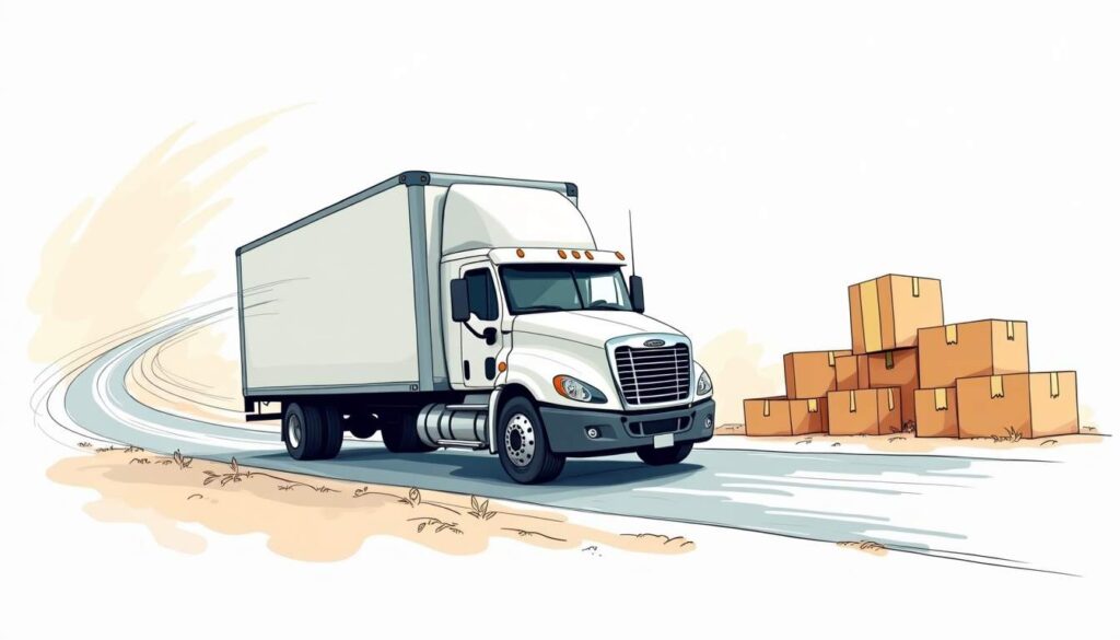 An abstract representation of a moving truck speeding along a winding road