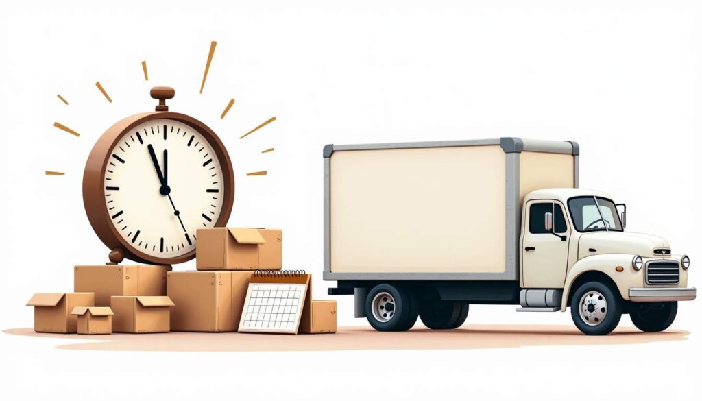 A clock showing a late hour next to a packed moving truck