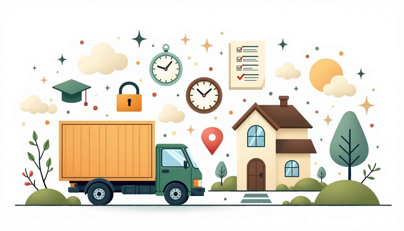 An abstract representation of a moving truck surrounded by various symbols of reliability