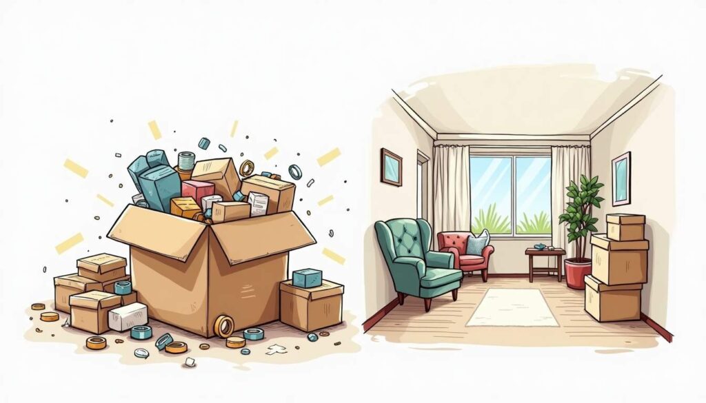 An overflowing moving box surrounded by chaotic items like furniture