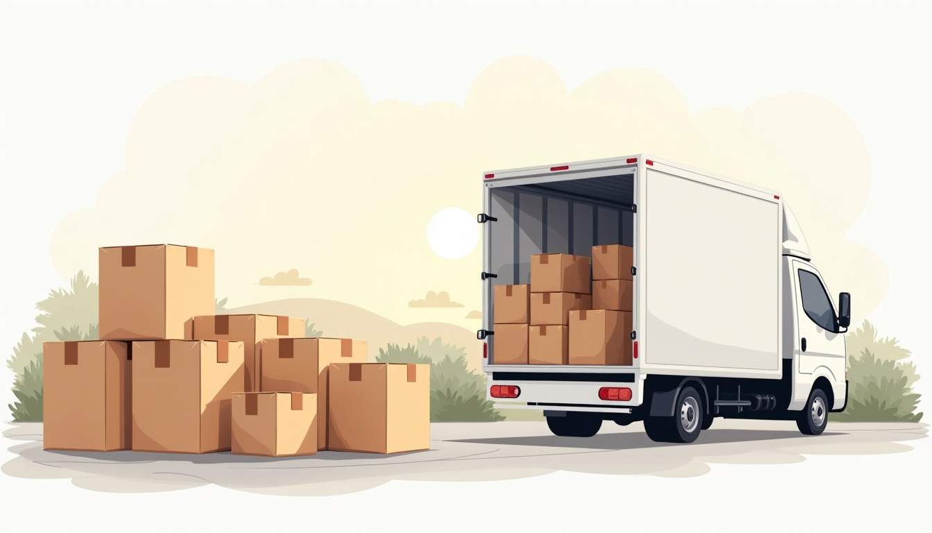 An open moving truck surrounded by neatly packed boxes