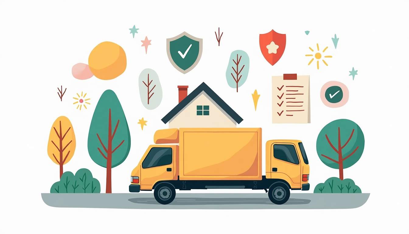 An abstract representation of a moving truck surrounded by symbols of trust