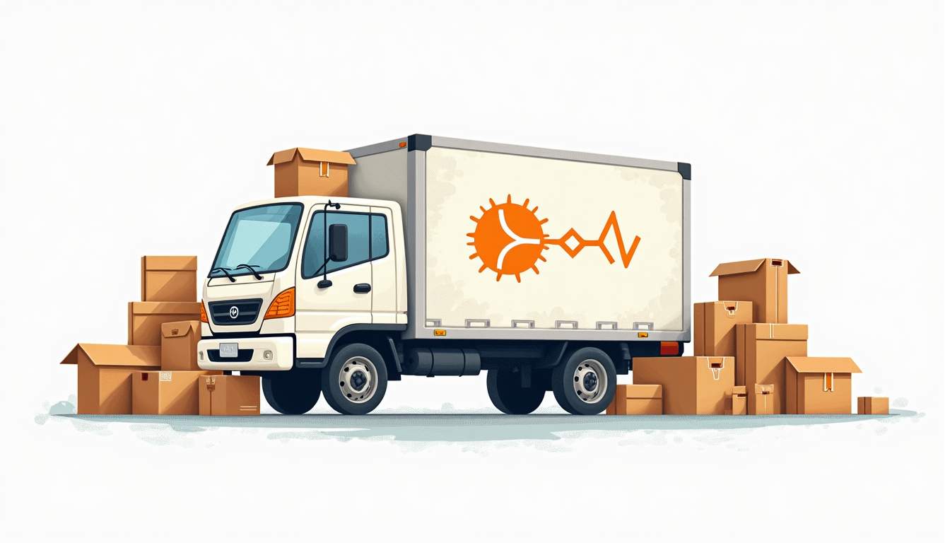 A stylized moving truck surrounded by various iconic moving boxes and household items