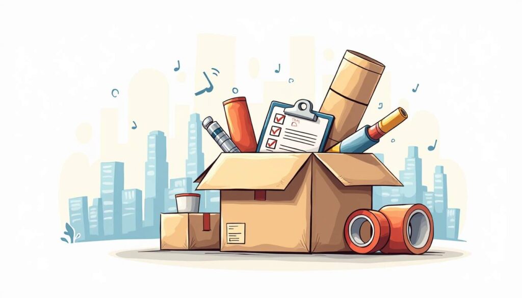 An open box filled with various moving supplies