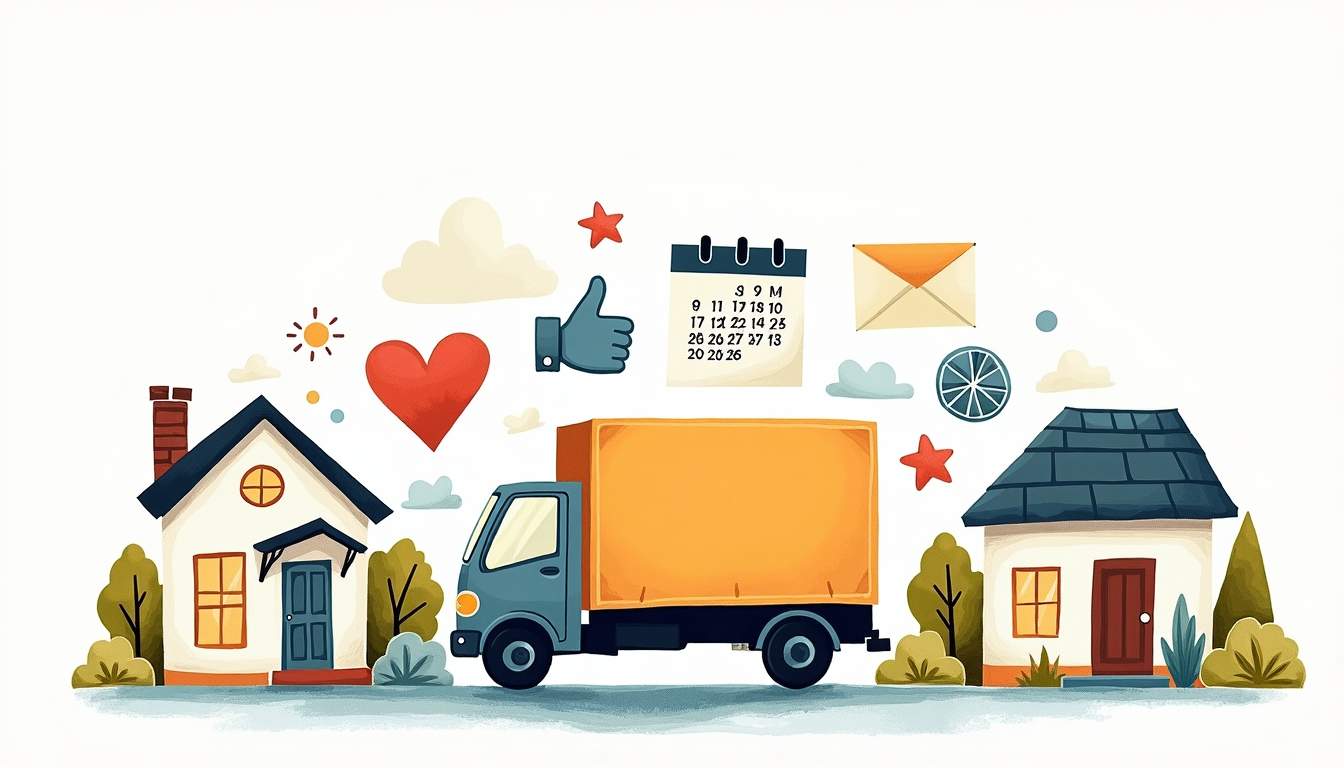 A stylized moving truck surrounded by various symbols of loyalty