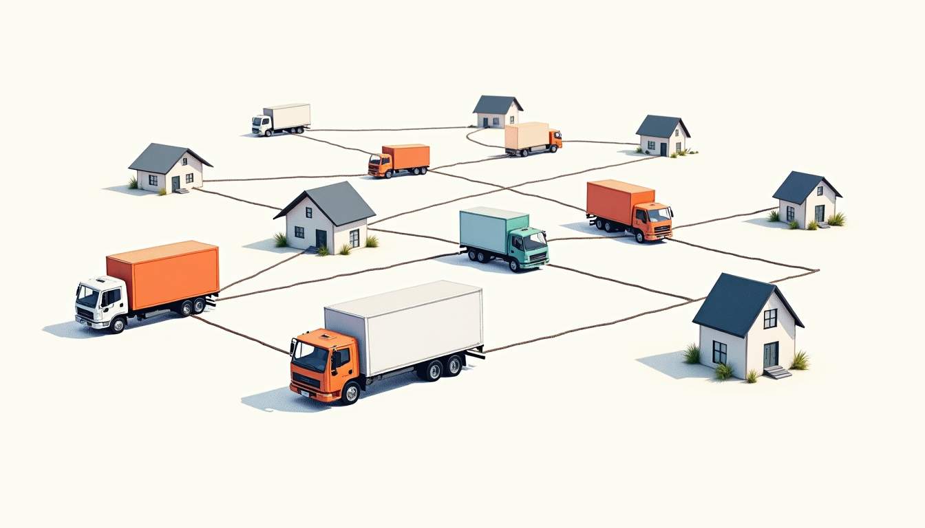 An interconnected network of moving trucks and homes
