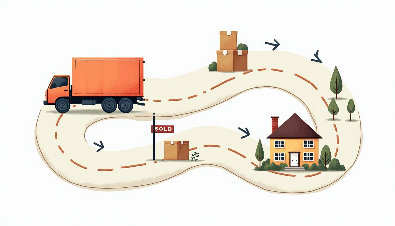 A winding road with a moving truck navigating through various stages of a move